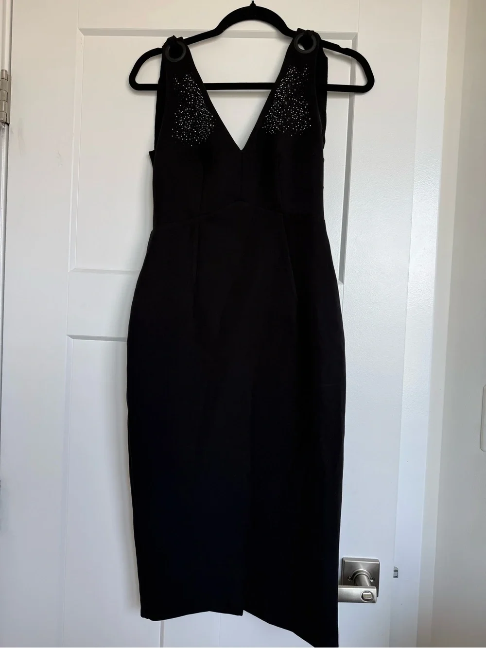 Zara Black Midi Dress with V-Neck and Shoulder Stud Detail